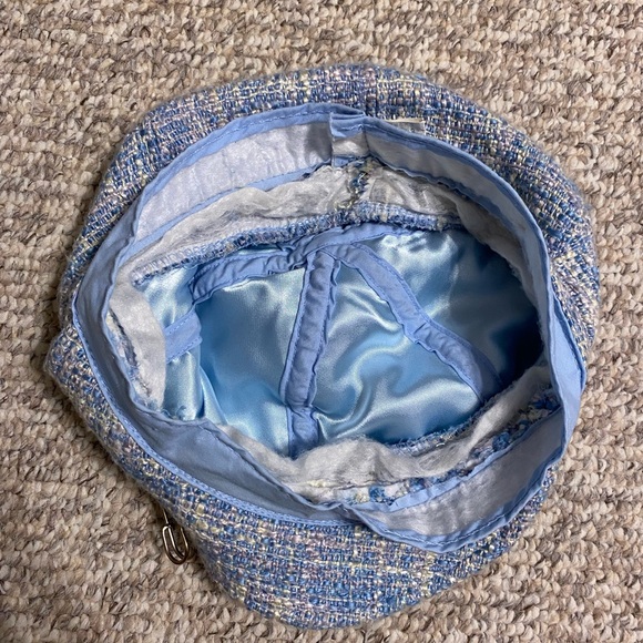 Y2K Tweed Bouclé Cadet Cap w/ Safety Pin Accent in Light Blue - Picture 6 of 6